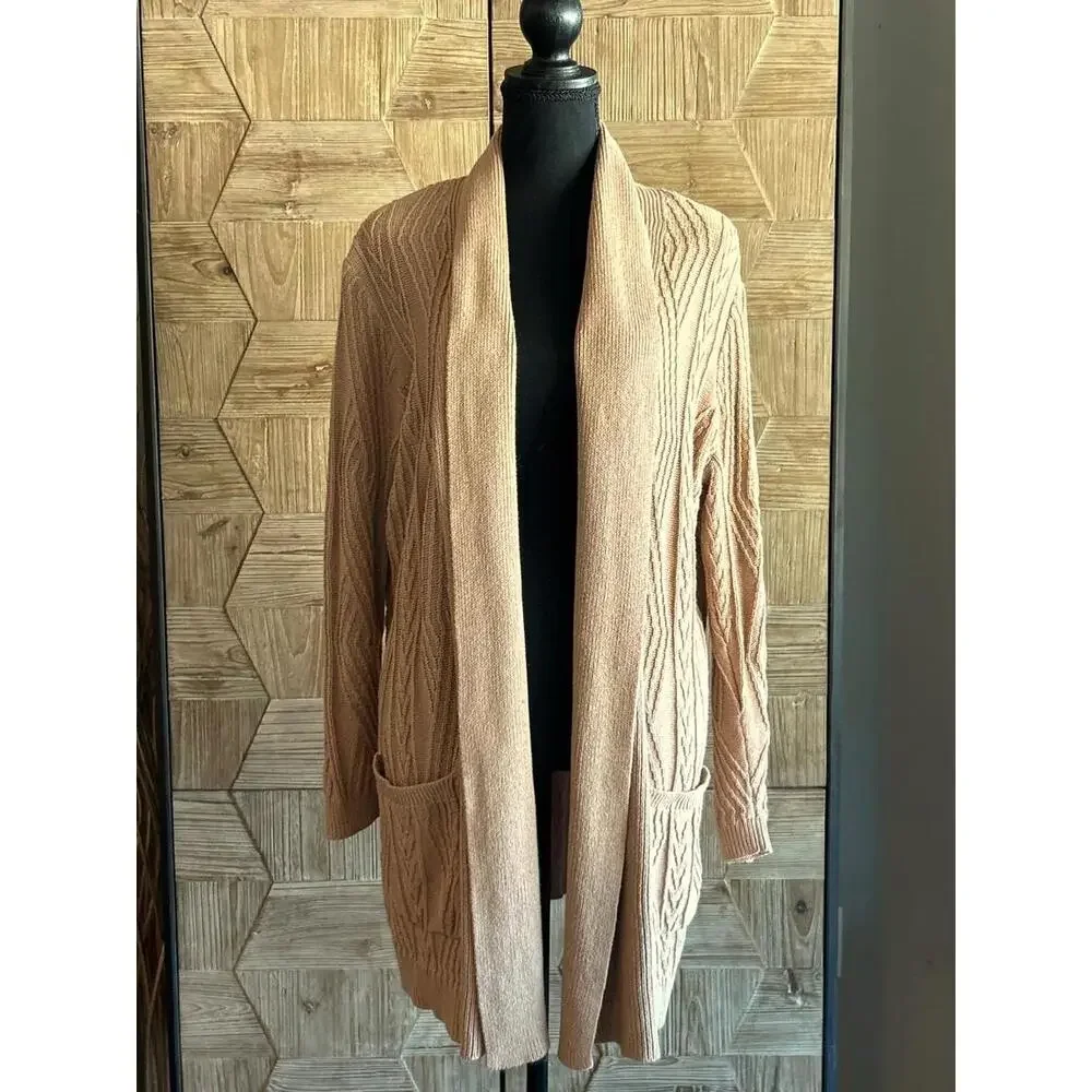 St. Johns Bay Womens Cardigan Large Tan Long Open Knit Front Pockets - Picture 1 of 7